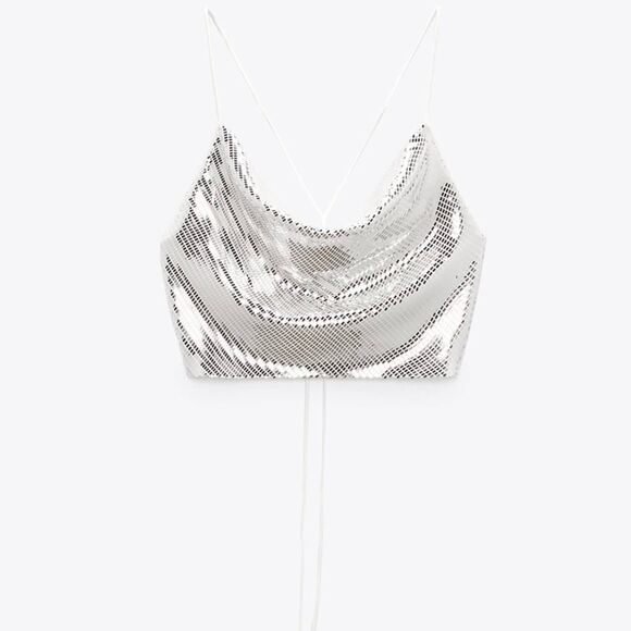 ZARA SHIMMERY CROP TOP XS Silver New - Picture 4 of 6